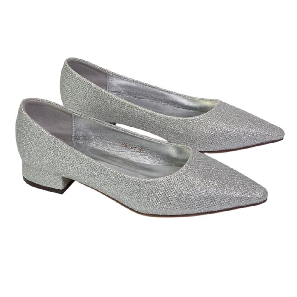XY London Womens/Ladies Karen Glitter Pointed Low Heel Court Shoes / Silver
